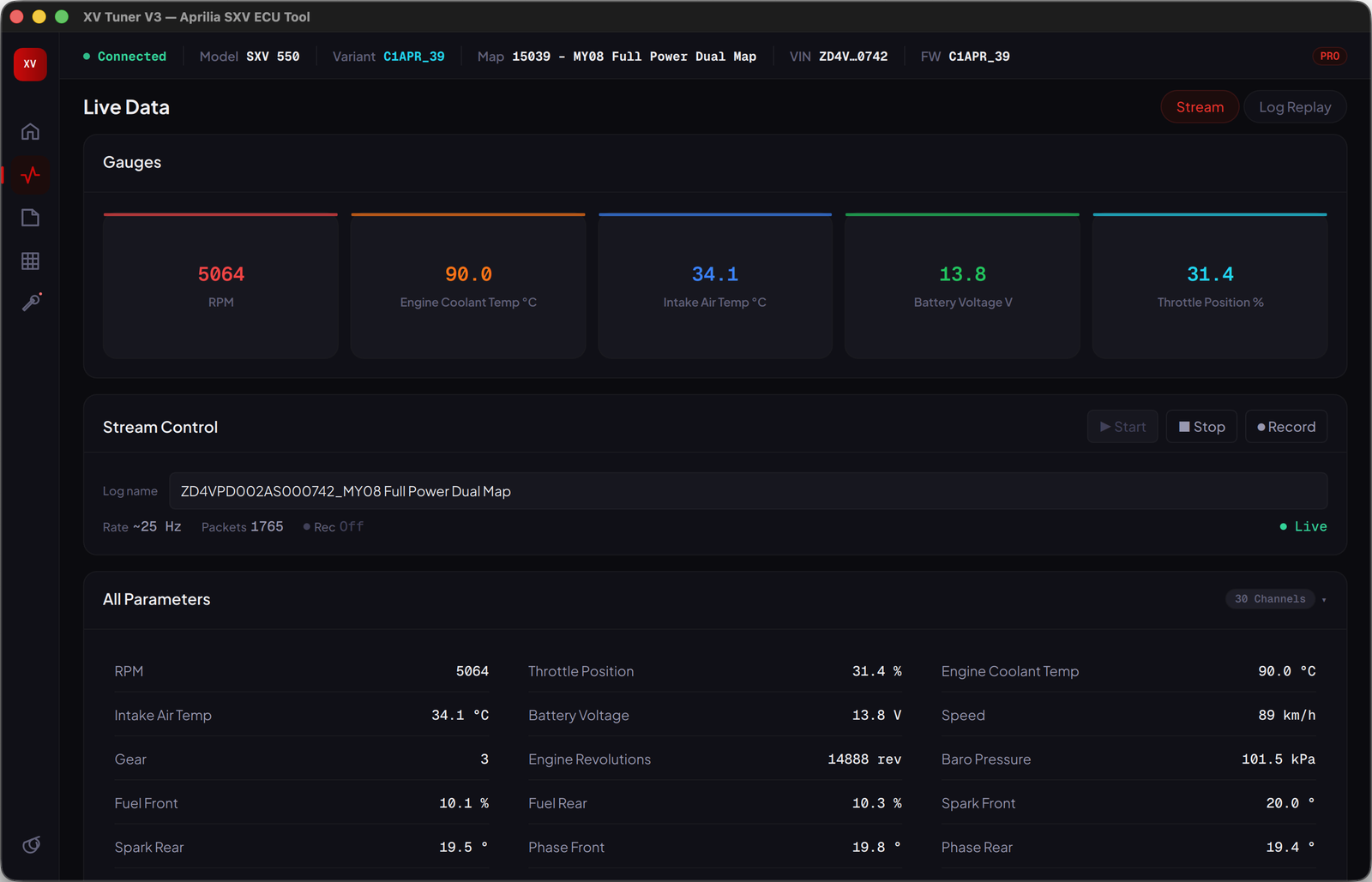 XV Tuner V3 Live Data — real-time gauges showing RPM, coolant temp, intake air temp, battery voltage, and throttle position