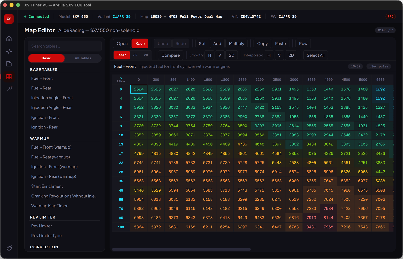 XV Tuner V3 Map Editor — fuel table heatmap with color-coded cells, table navigation sidebar, and full editing toolbar