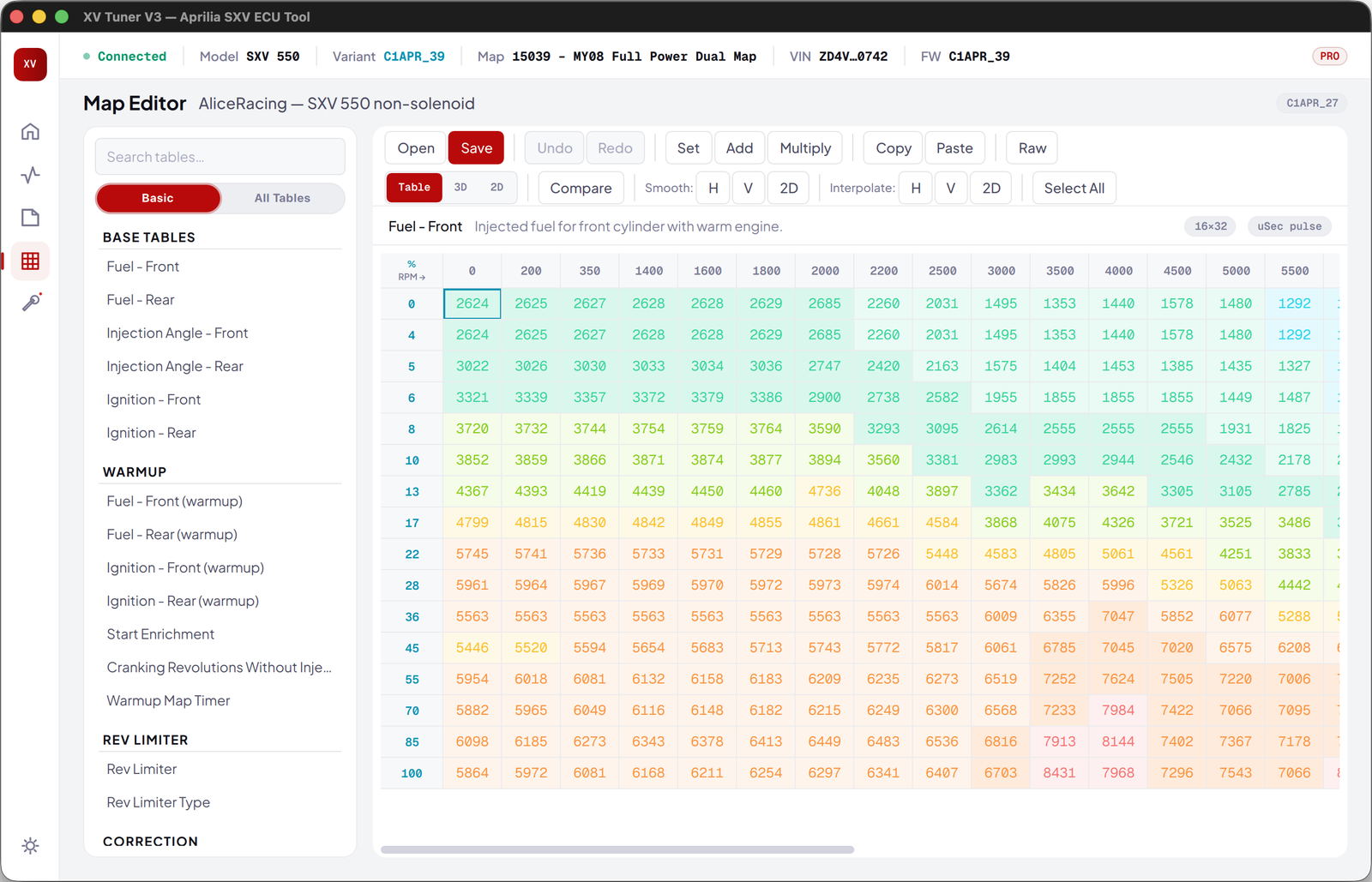 XV Tuner V3 Map Editor light theme — same fuel heatmap table with light background