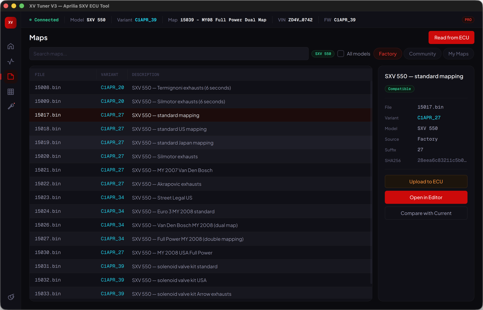 XV Tuner V3 Maps catalog — 50+ factory maps searchable by model and variant with detail sidebar